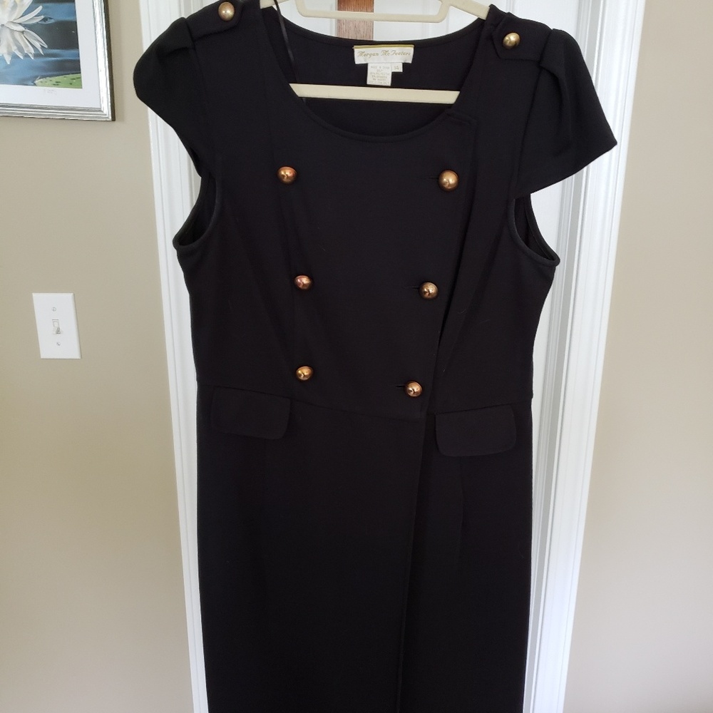 Black cap sleeve dress with brass buttons